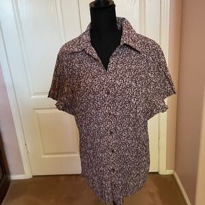 East 5th brown and white floral print short sleeve blouse with collar